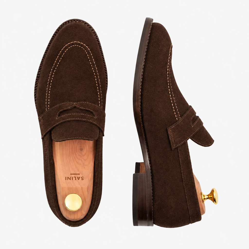 Penny Loafer Suede Brown — вид сверху, фирменная стелька SALINI