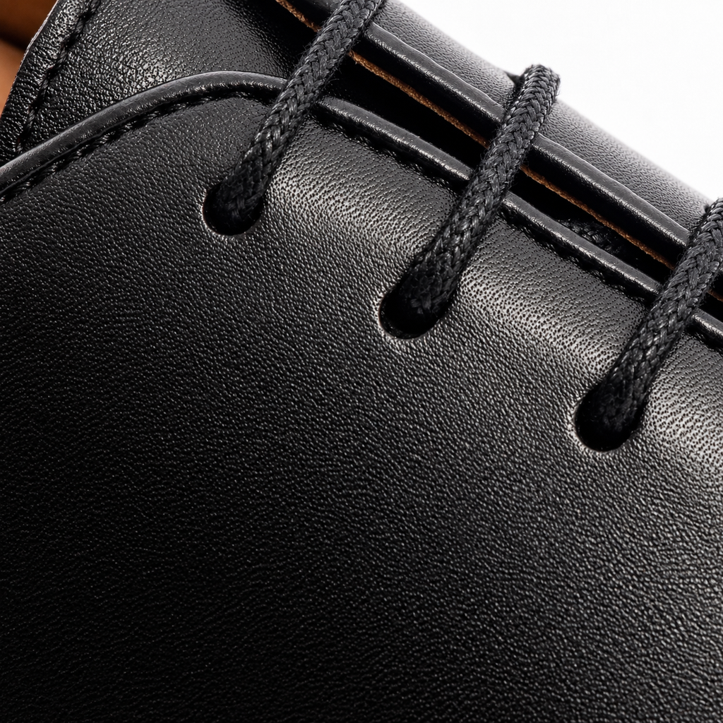 Крупный план шнуровки и кожи Wholecut Oxford Black