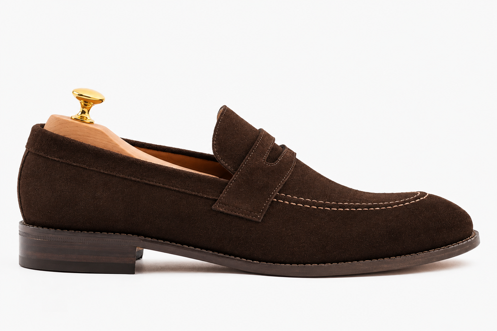 Penny Loafer Suede Brown — боковой профиль на колодке